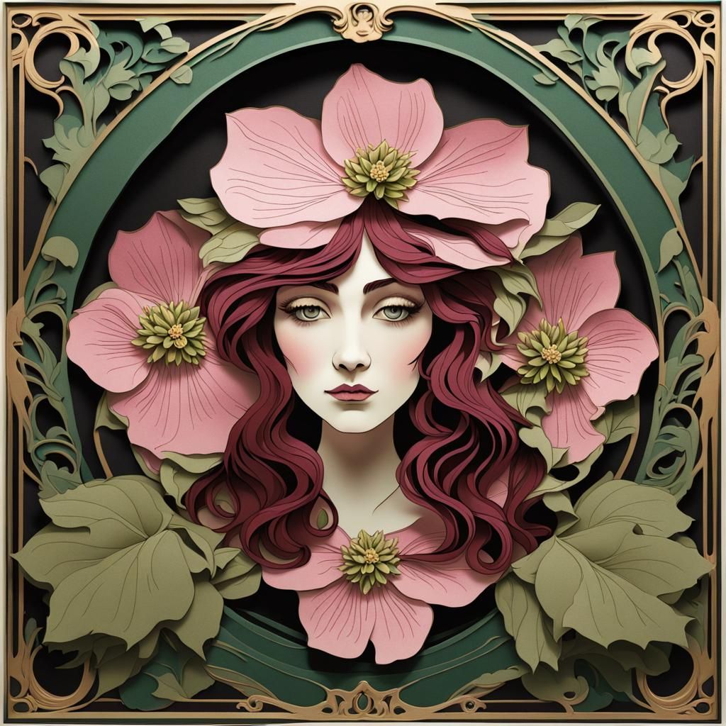 Art Nouveau Fairy in Decoupage Style Flowers