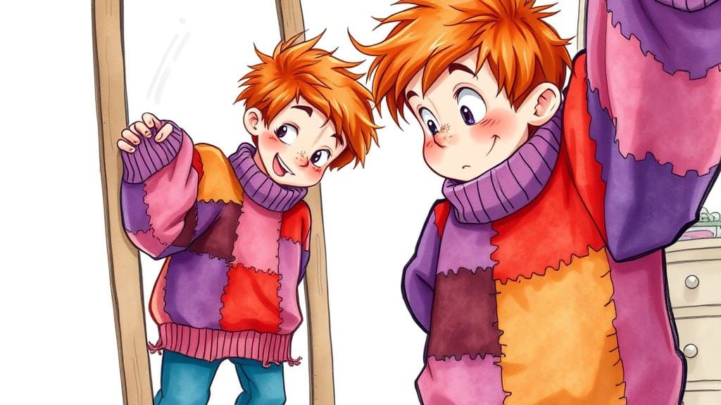 Whimsical Boy in Oversized Patchwork Sweater