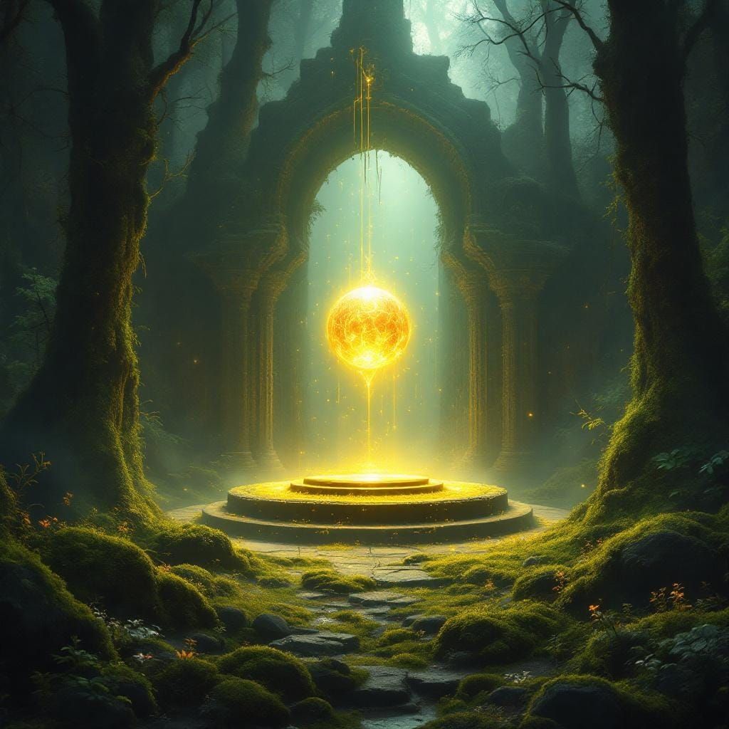 Ethereal Orb on Ancient Altar in Misty Forest