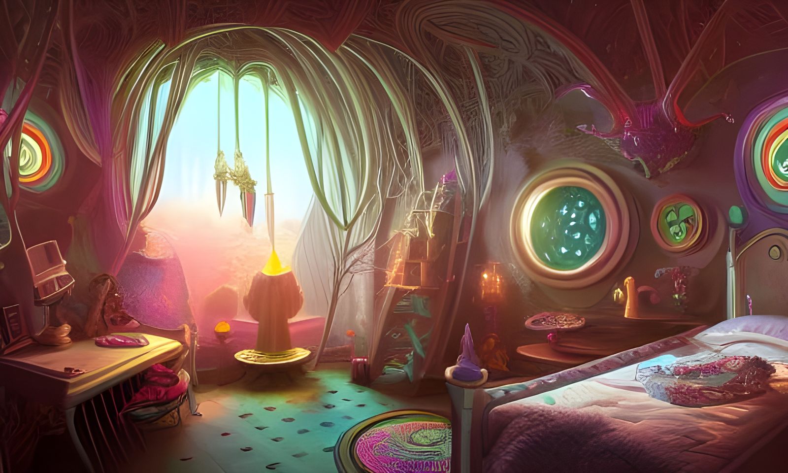 Futuristic Fantasy Witch Bedroom in Pop Art Style