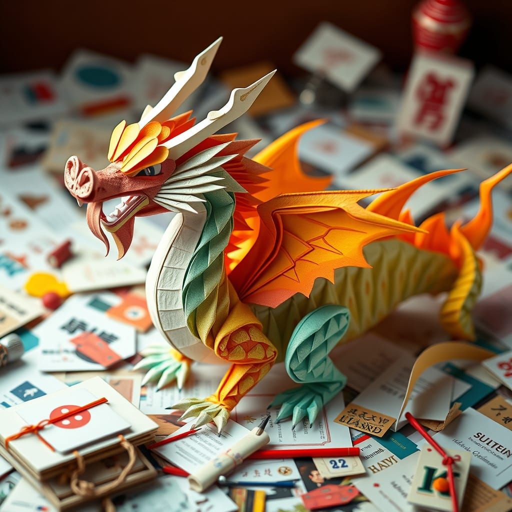 Vibrant Origami Paper Dragon in Papercraft Style