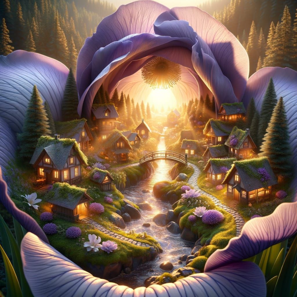 Fantasy Village in Iris Flower at Sunset