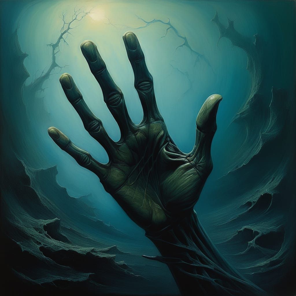 Skeletal Hand Reaching From Void in Surreal Oil Painting