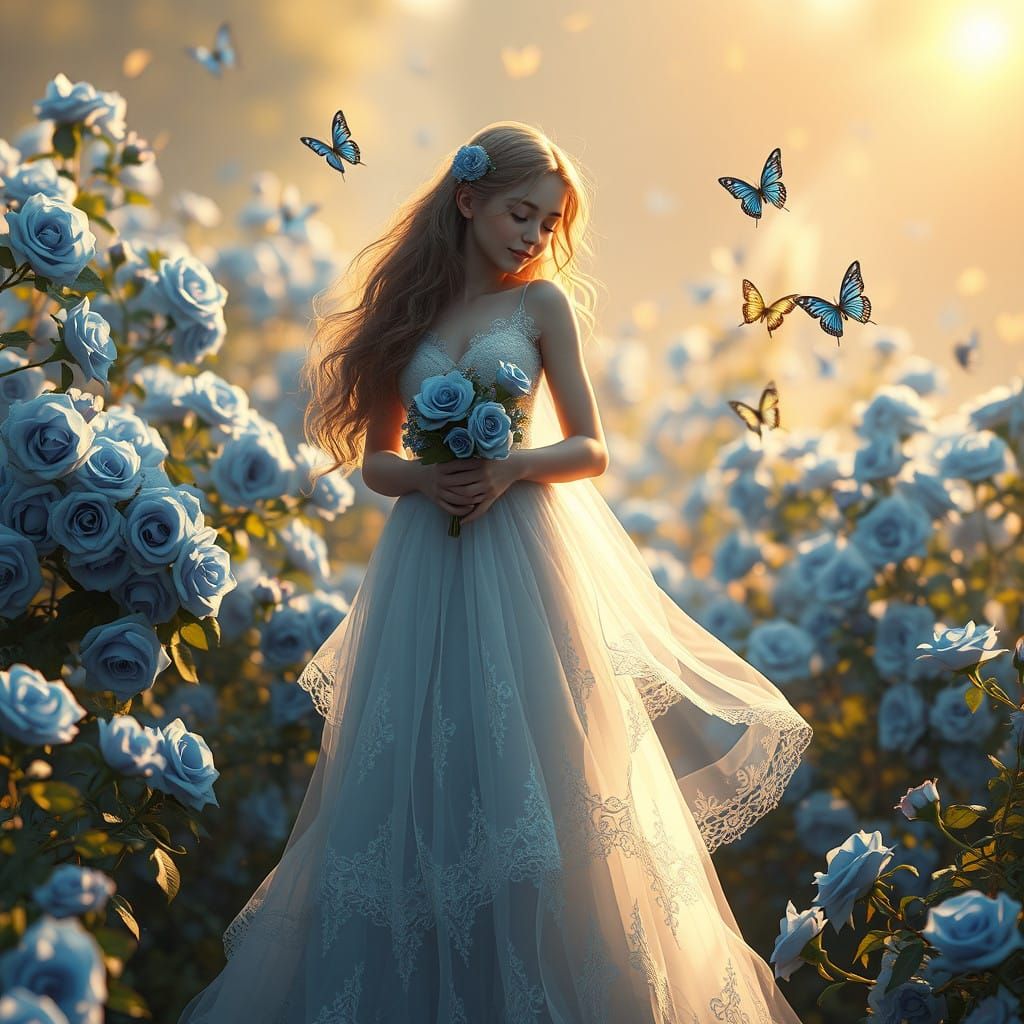 Whimsical Fantasy Garden with Delicate Maiden and Blue Roses