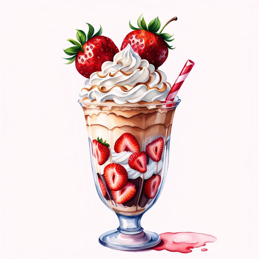 Watercolor Frappuccino with Strawberries and Whipped Cream
