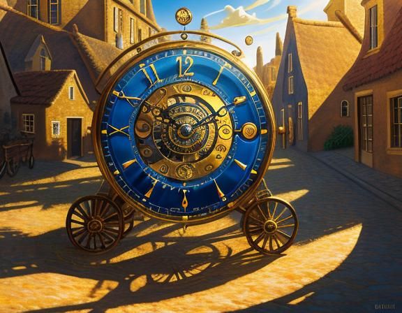 Surreal Clock Rolls Through Village in Dali Style