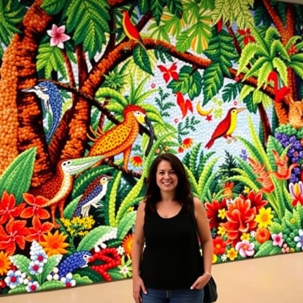 Woman and Pom-Pom Jungle Mural in Fauvist Style