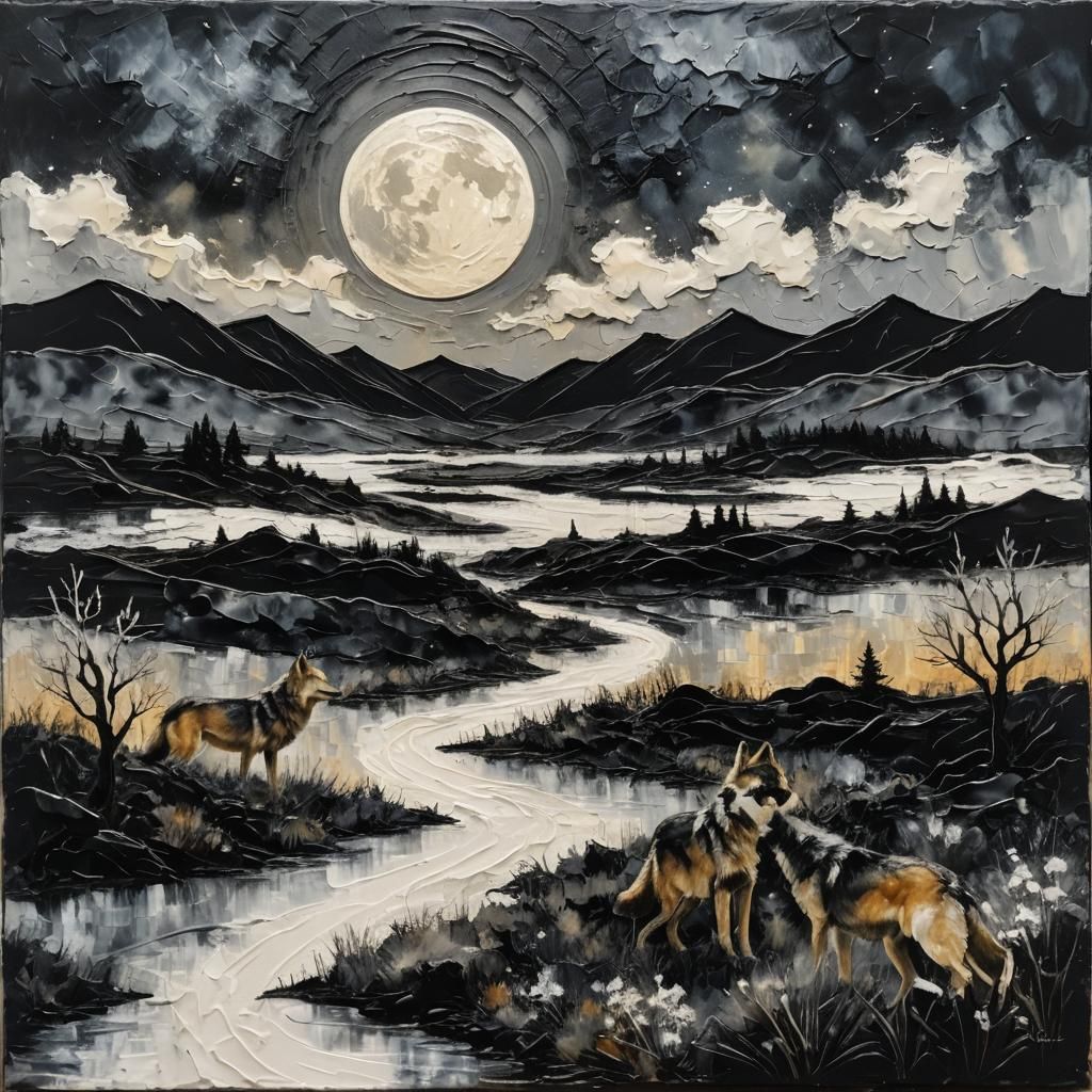 Encaustic Night Landscape with Wolves in Impasto Style