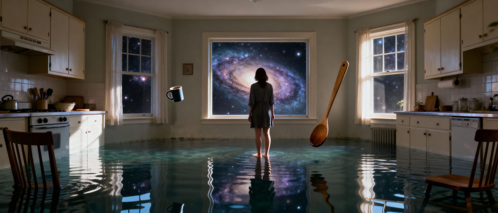 Woman Gazes at Galaxy Reflected in Flooded Kitchen