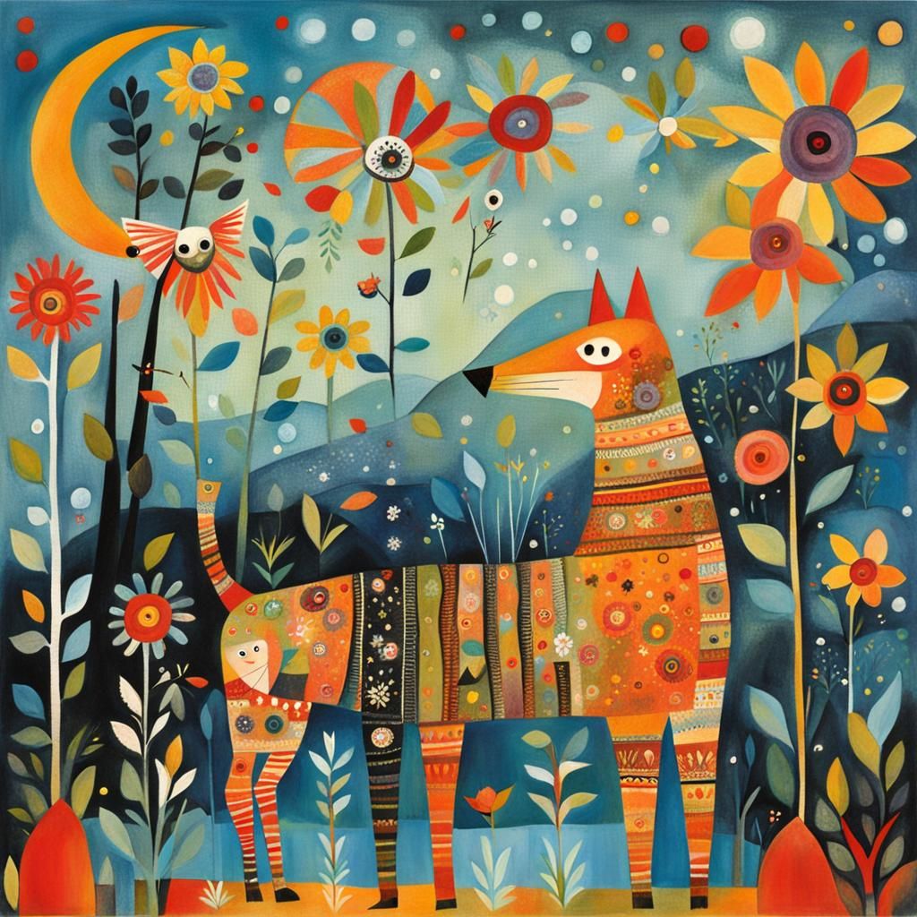 Playful Abstract Cats in Naive Art Style