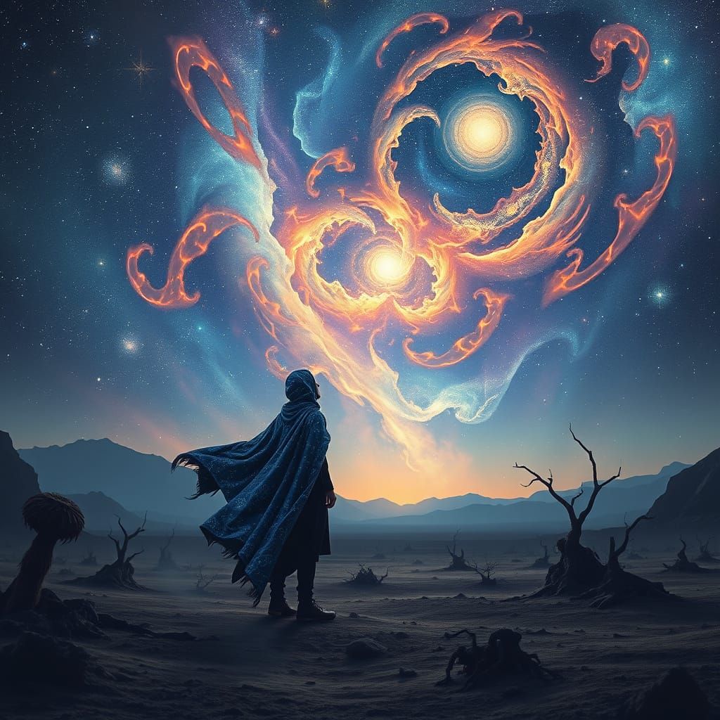 Cosmic Mystic Stands Amidst Swirling Galaxies and Nebulae