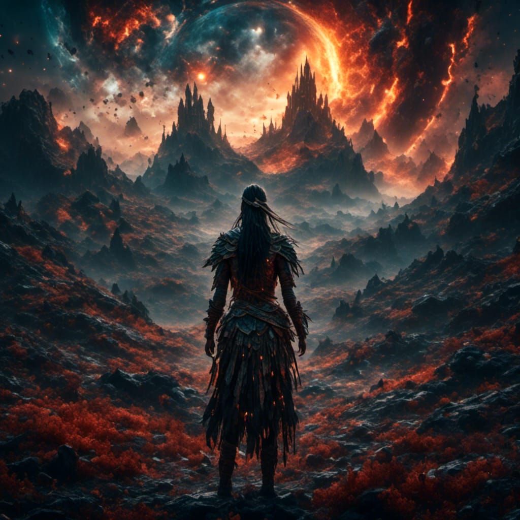 Native American Woman in Glitchcore Landscape