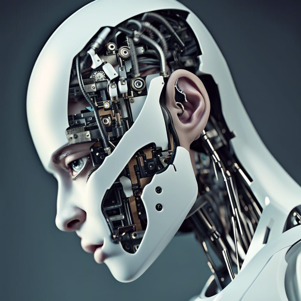 Photo of a half robot half human person close up