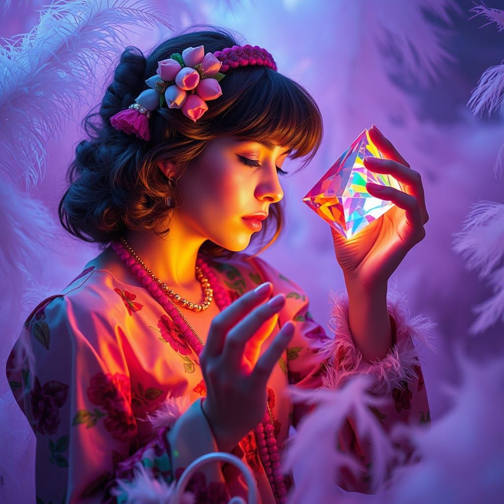 Psychedelic Woman Refracts Rainbow Light Through Prism