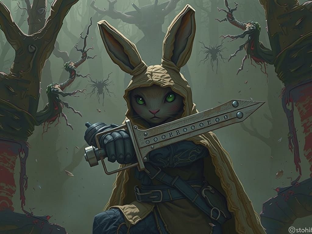 Cyberpunk Eldritch Warrior Rabbit Emerge from Dark Dreamscap...