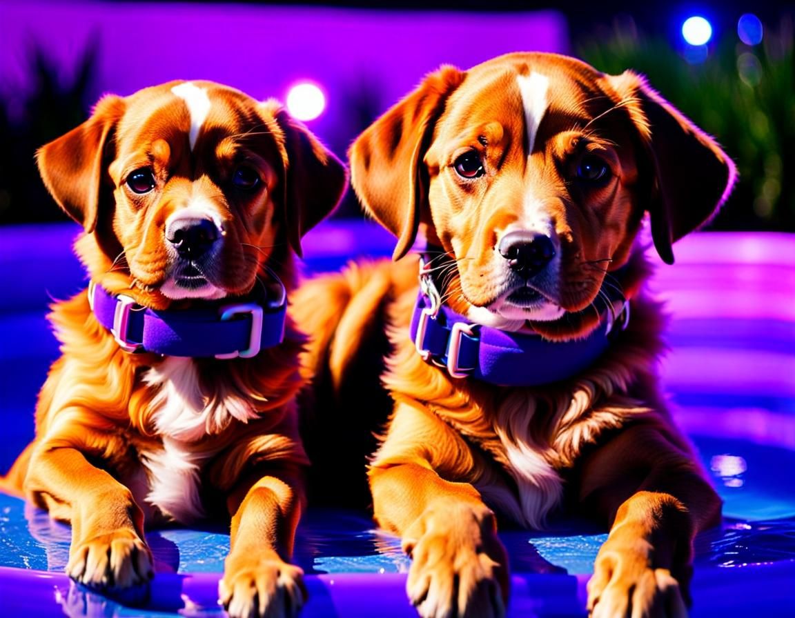 Dogs Swimming in Purple Lit Pool at Night