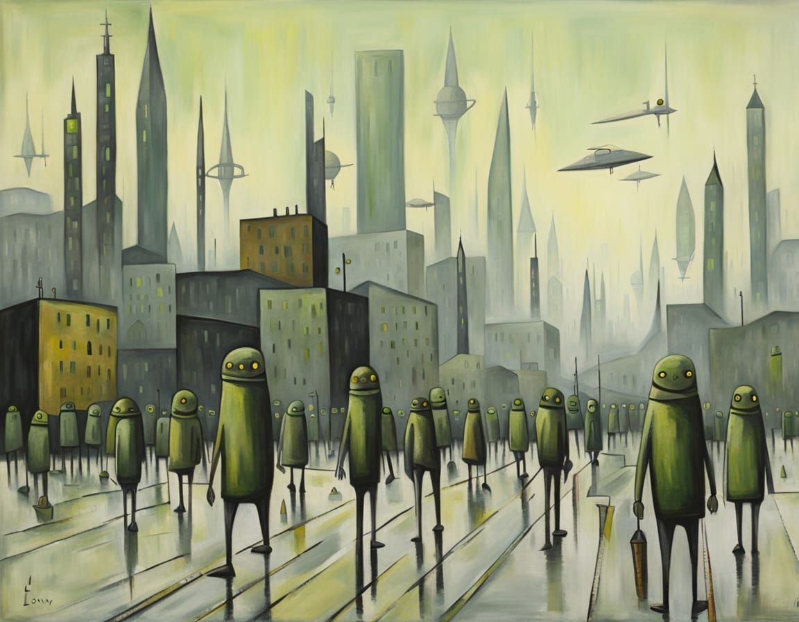 Brutalist Alien Metropolis Populated by Matchstick Figures