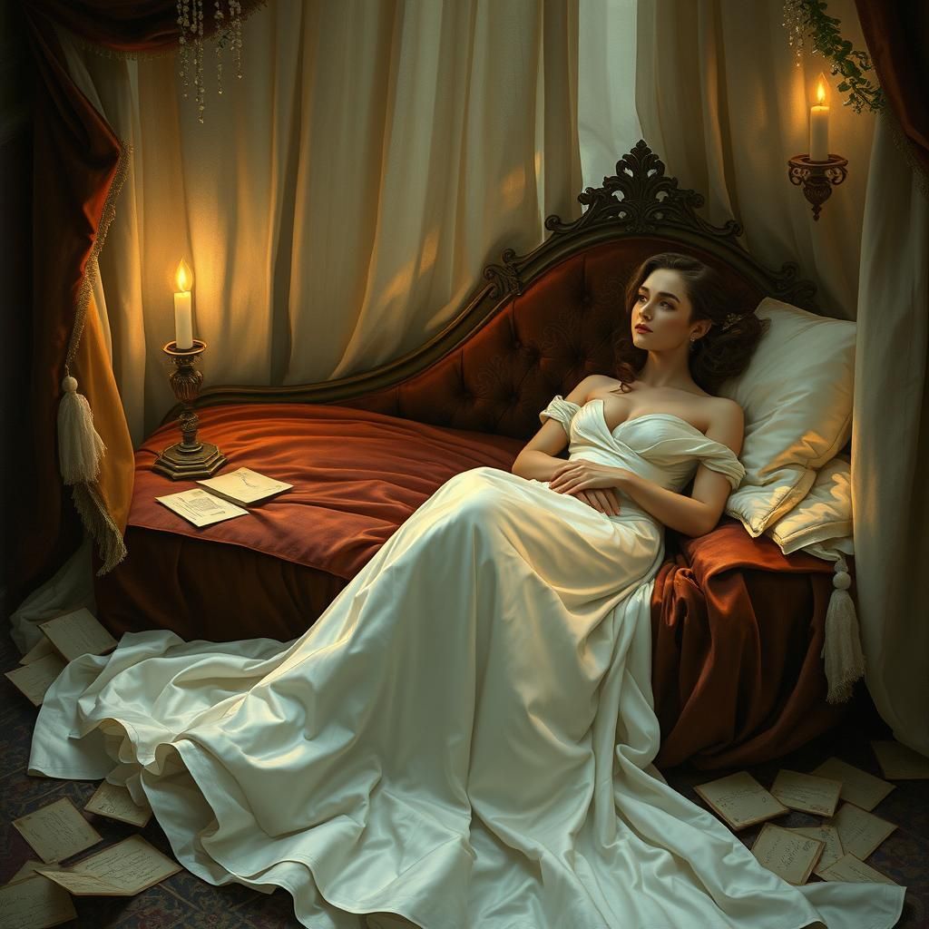 Woman in Satin Gown, Dreamy Pre-Raphaelite Style