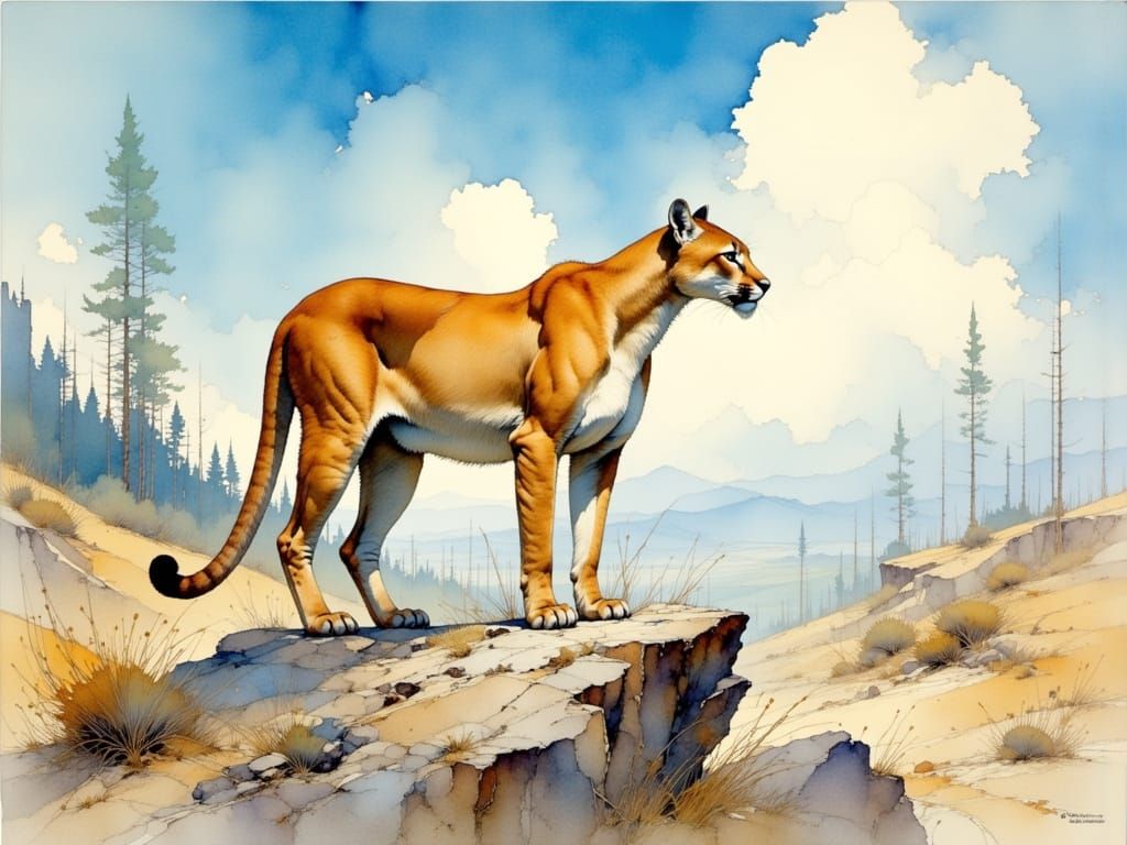 Majestic Mountain Lion in Desert Landscape - Painterly Style
