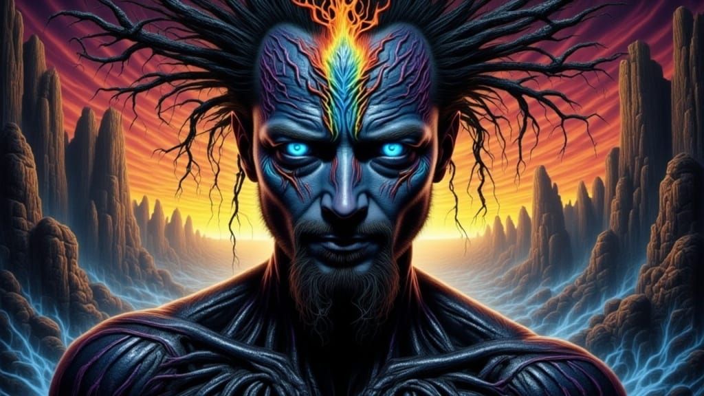 Fractal Faced Man with Tribal Tattoos in Dark Fantasy Style