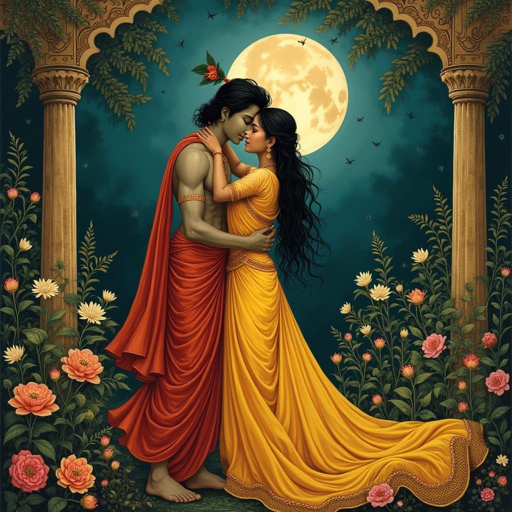 Ethereal Moonlit Embrace in a Lush Indian Garden