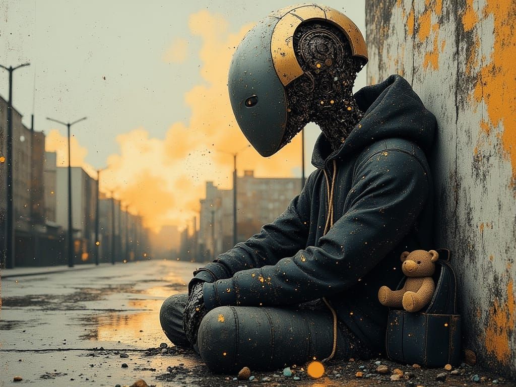 Metal Robot Profile Sculpture in Steampunk Cityscape