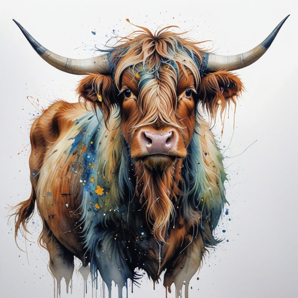 Glorious Scottish Highland Cow in Stylised Watercolour