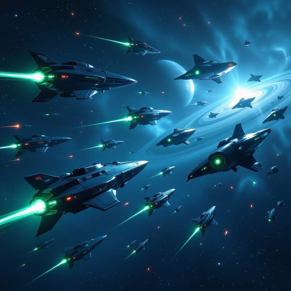 Colossal Space Battle in a Swirling Starfield