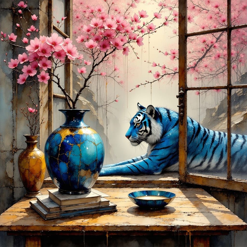 Kintsugi Vase with Blue Tiger Painting in Japanese Style