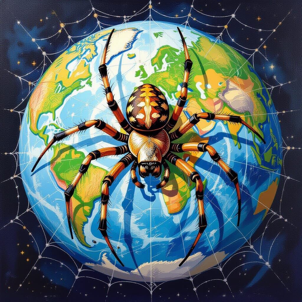Giant Spider Web Envelops World in Gouache Painting