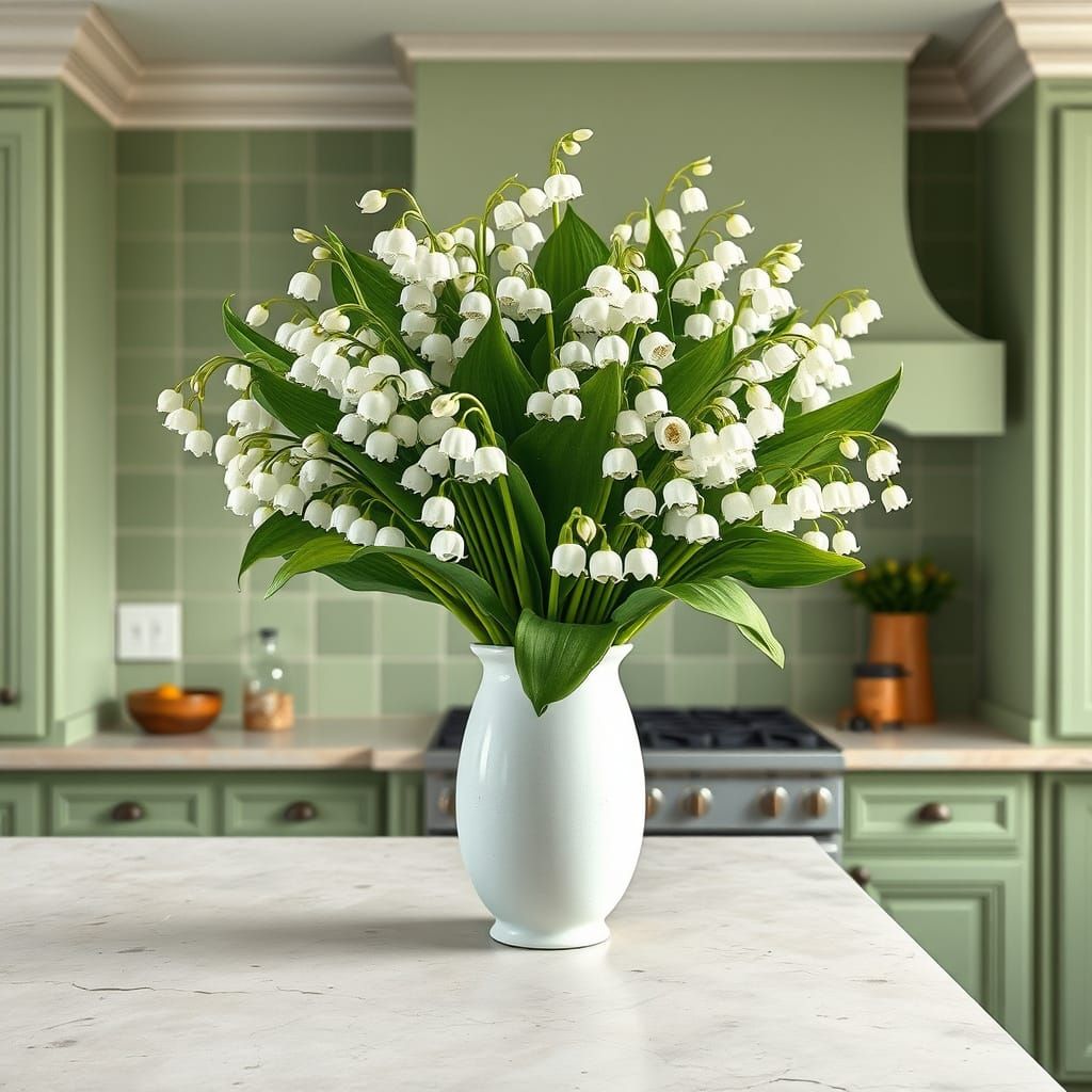 Lily of the Valley Bouquet in a Green Kitchen
