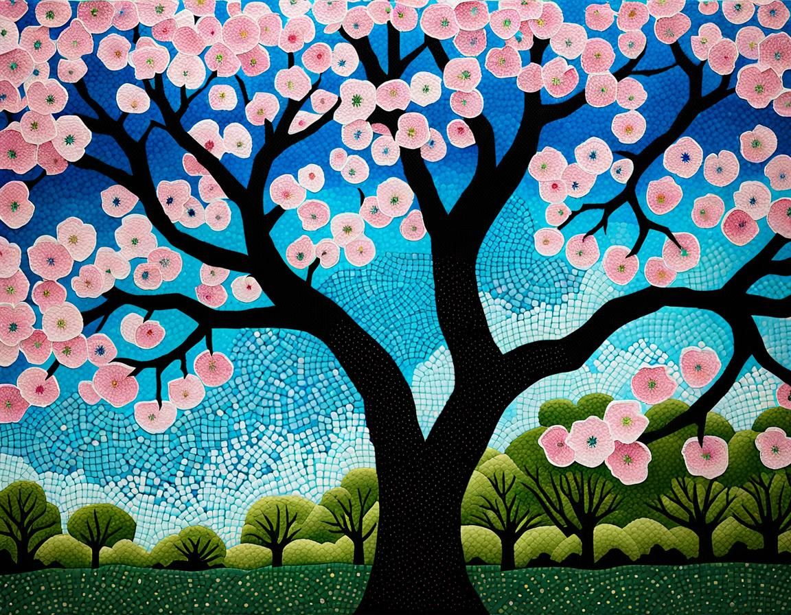 Cherry Blossom Tree in Nihonga Pointillism Style