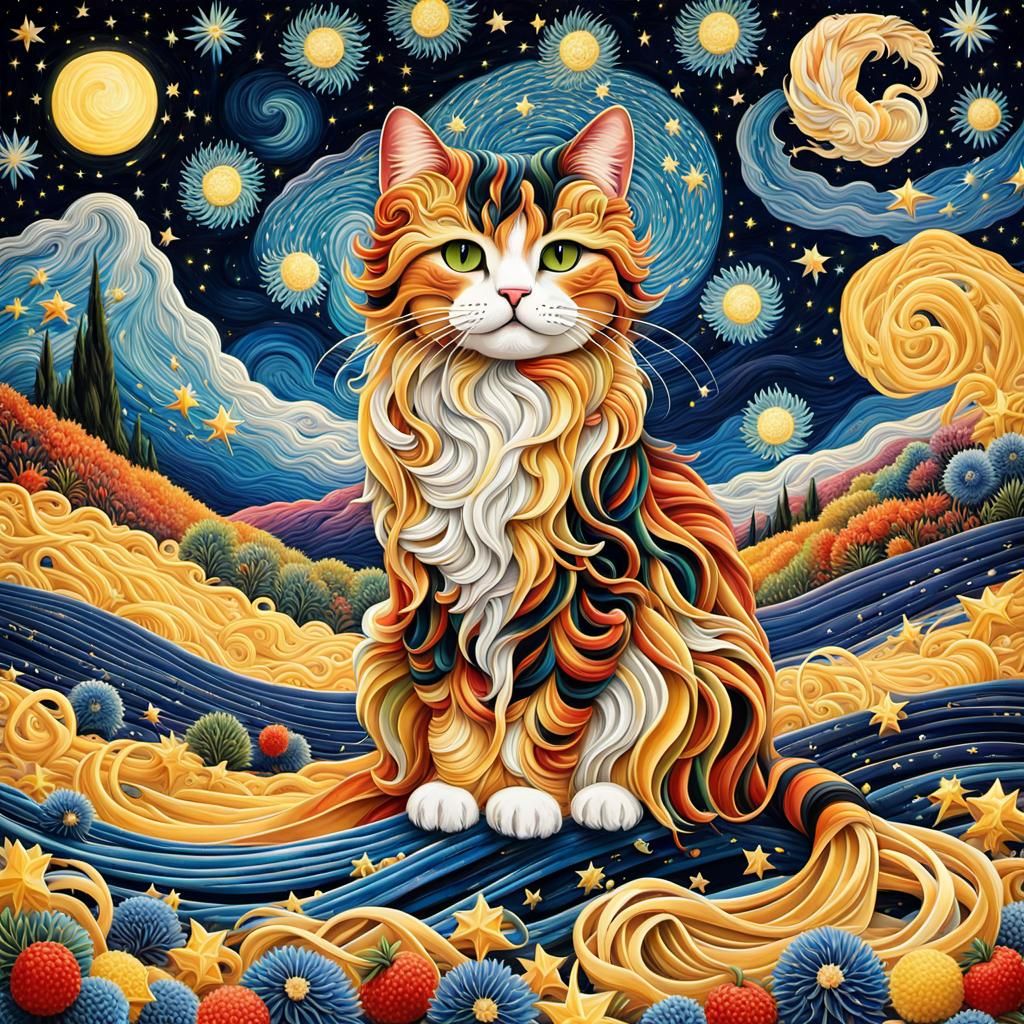Abstract Cat in Starry Night Style