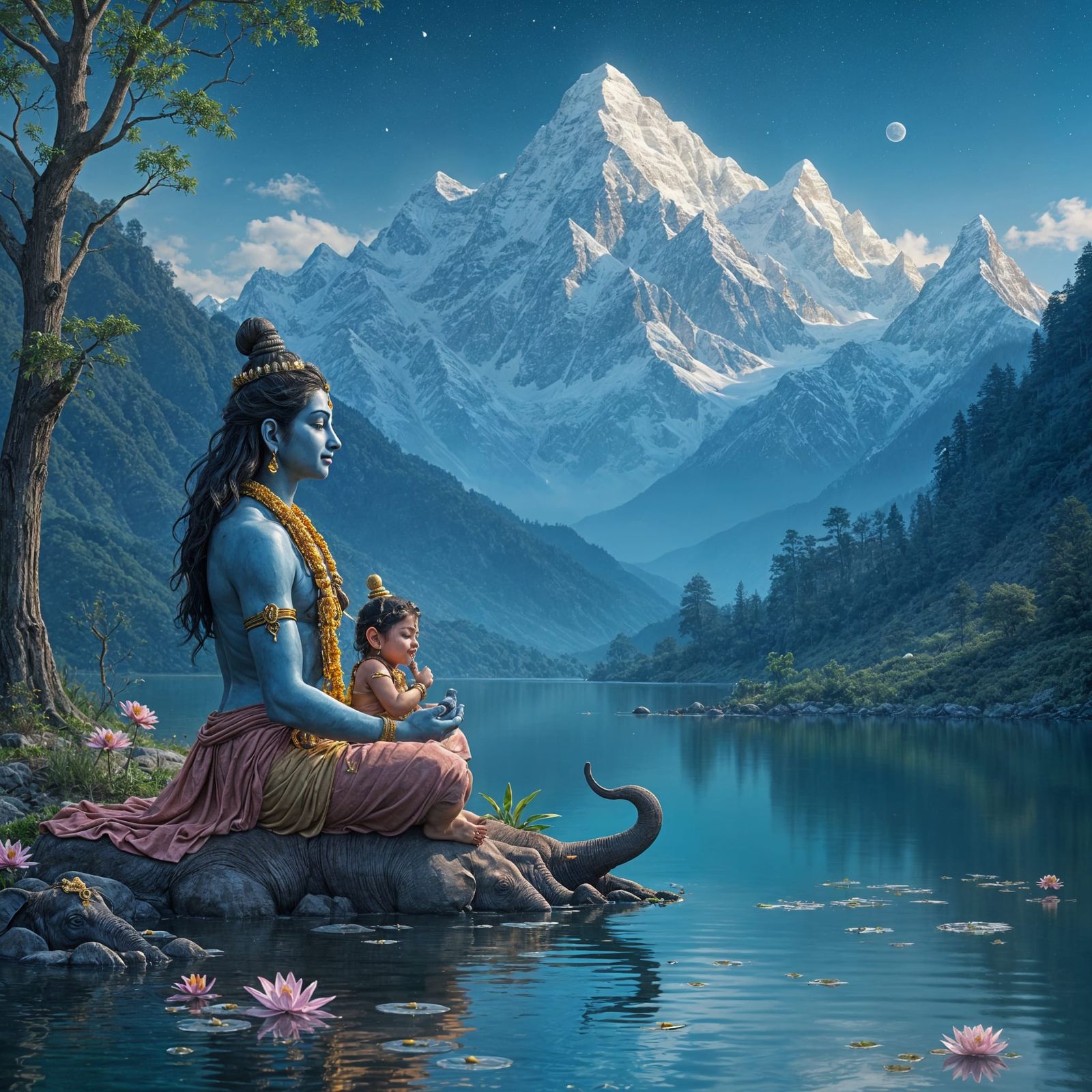 Lord Shiva Meditating with Ganesha and Nandi