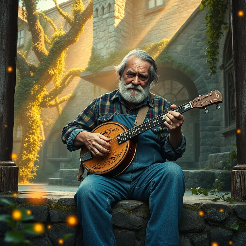 Weathered Musician in Front of Ancient Ivy-Covered Mansion