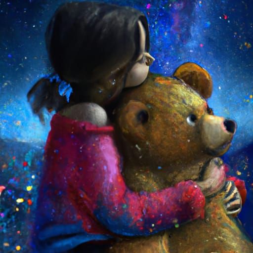 Girl Hugging Teddy Bear Gazing at Stars