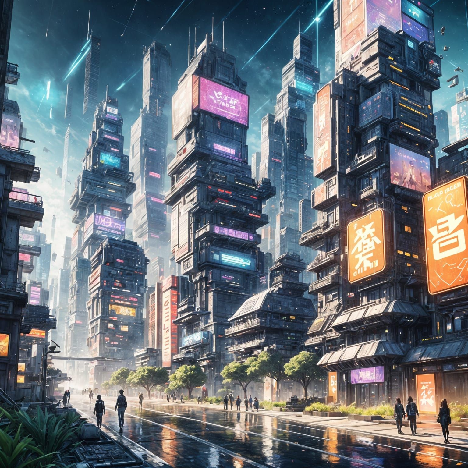 Futuristic Cityscape with Neon Colors in 3D Anime Style