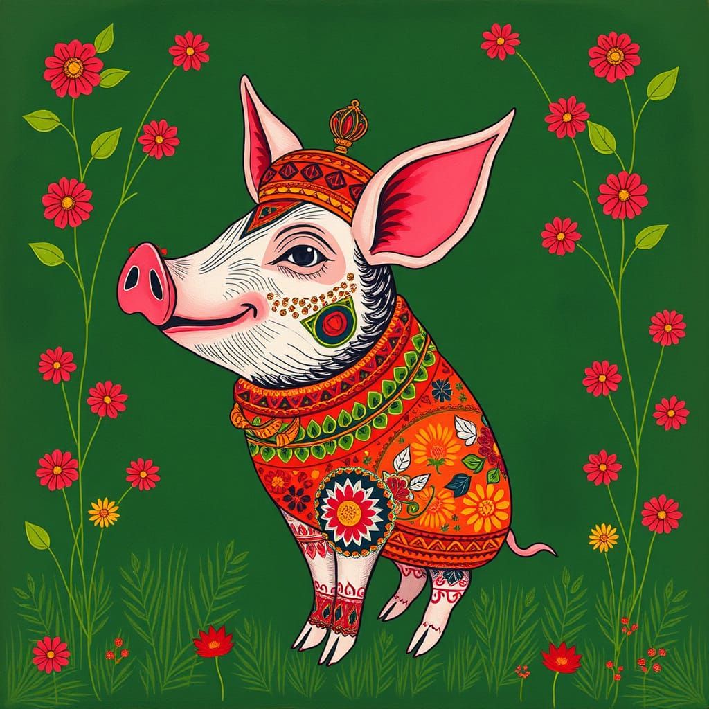 Pig in Traditional Indian Madhubani Art Style