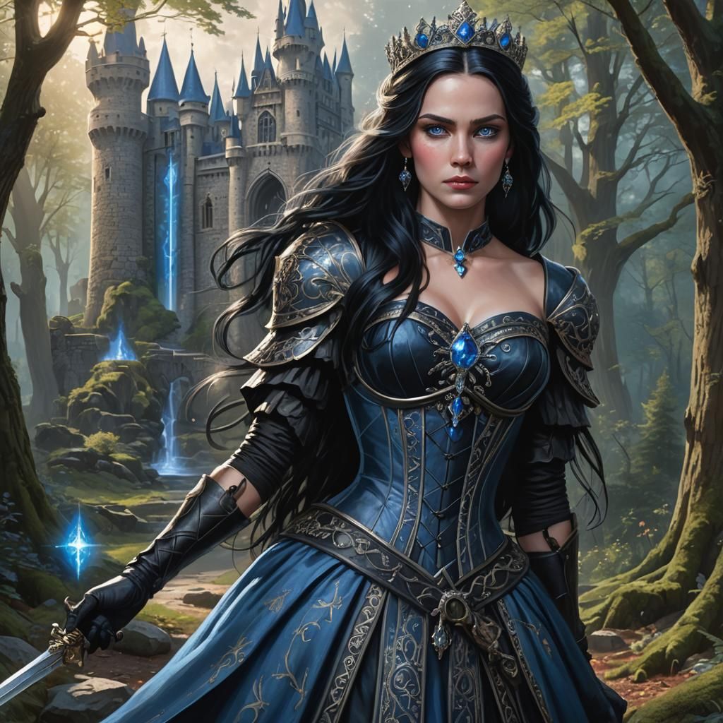Hyperrealistic Queen with Crystal Sword in Castle