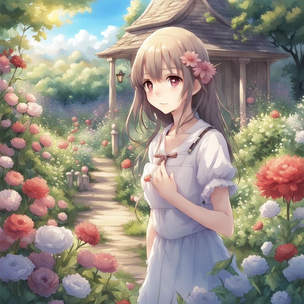 Anime Girl in Secret Flower Garden
