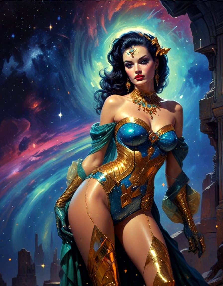 Glamorous Retrofuturistic Woman Amidst Celestial Ruins