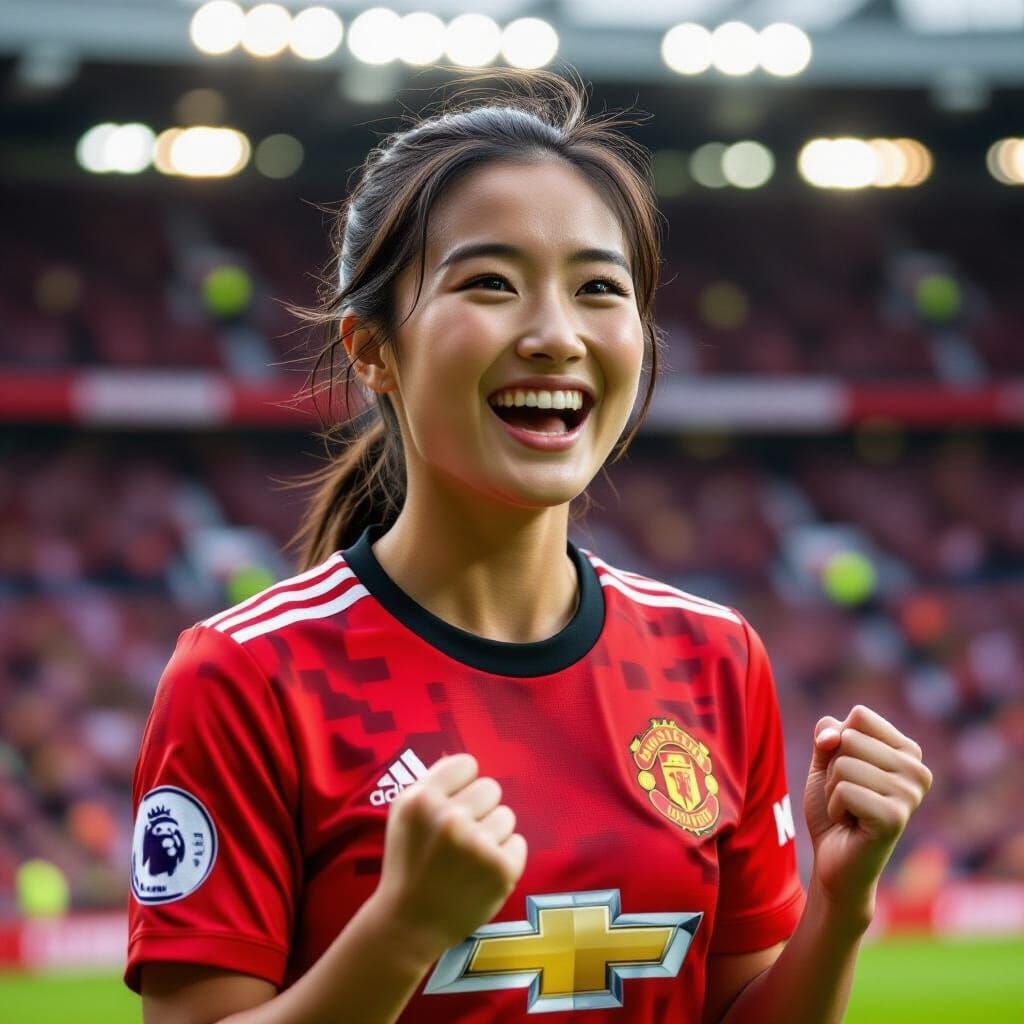 Asian Woman Celebrates Goal in Dramatic Lighting