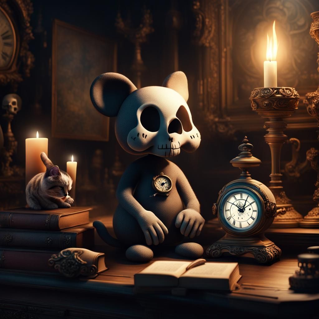 Cat Plushie, Mickey Mouse, Skull, Candle, and Clock