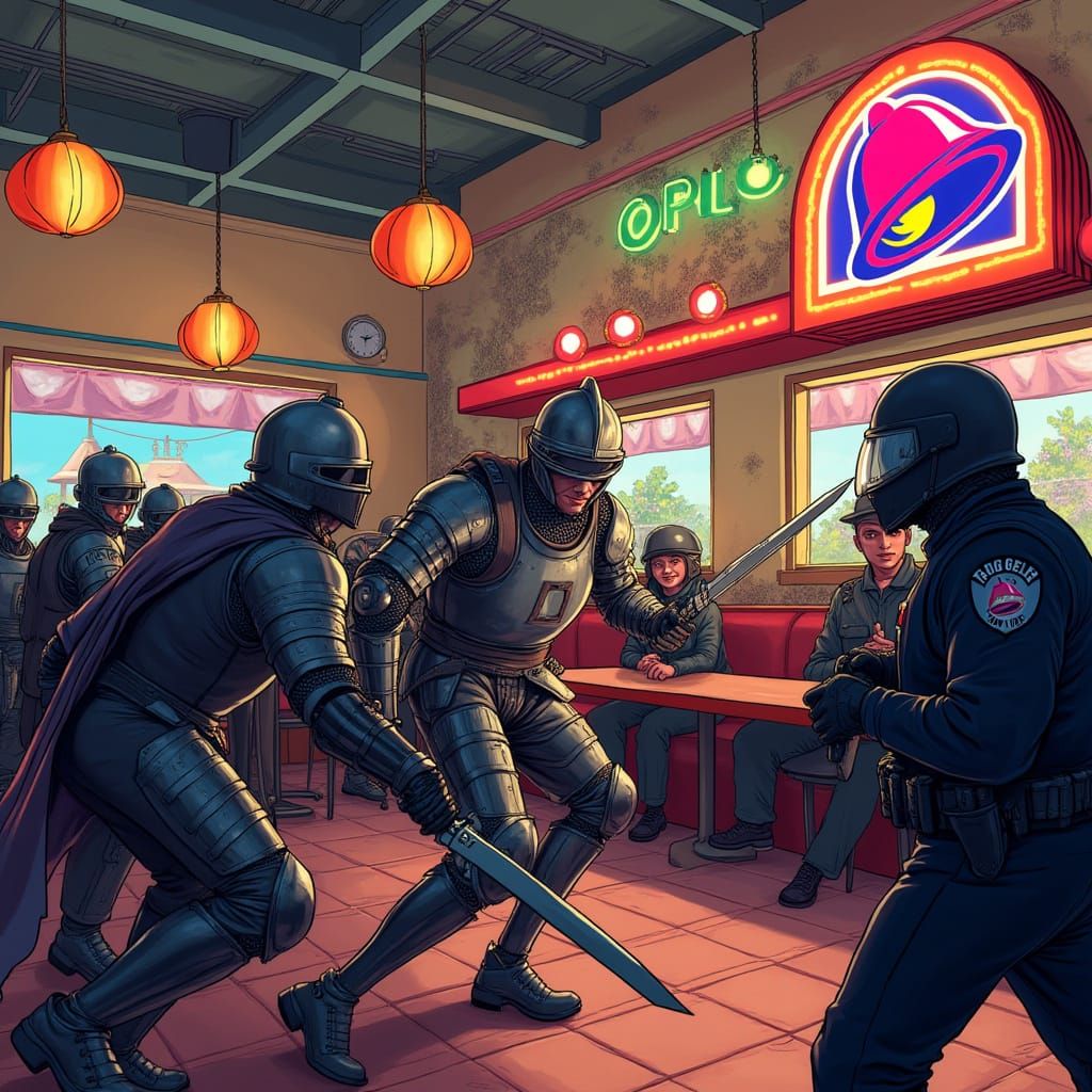 Medieval Knights Battle Modern Police in a Vibrant Taco Bell
