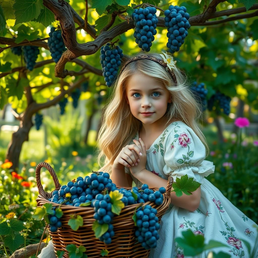 Enchanting Garden Scene with Girl and Grapes