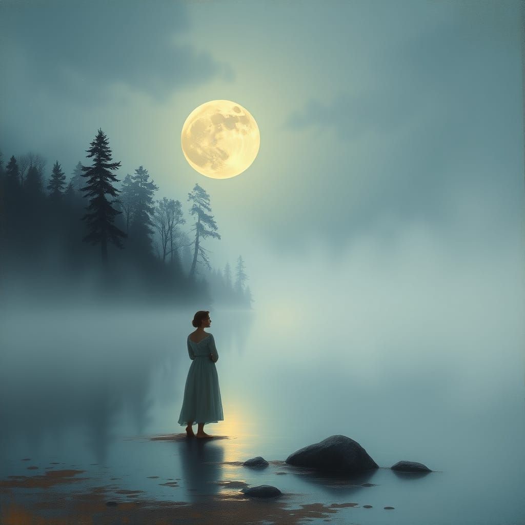 Woman on Moonlit Lake Shore in Ethereal Glow