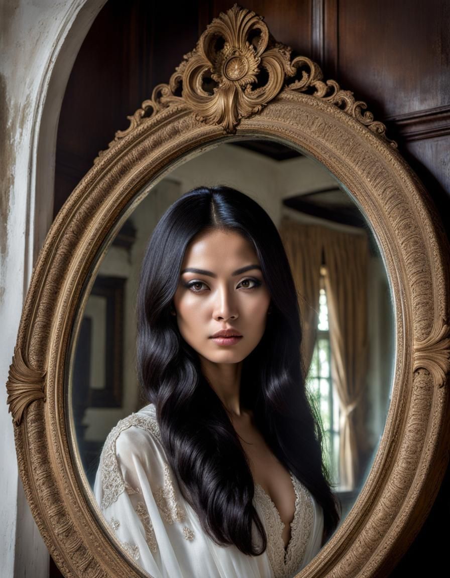 Mysterious Indonesian Woman's Reflection in Ornate Mirror