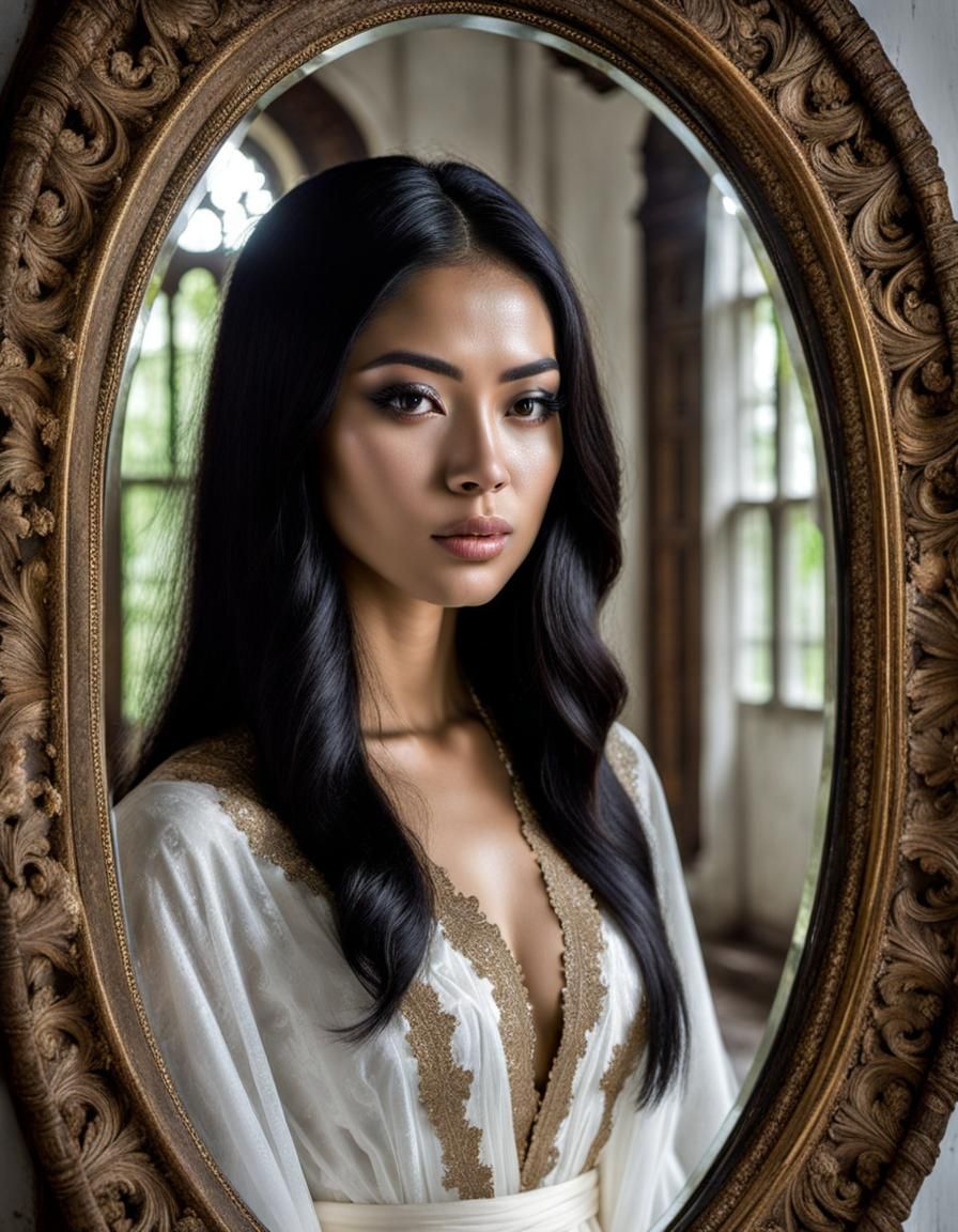 Mysterious Indonesian Woman Reflected in Ornate Mirror