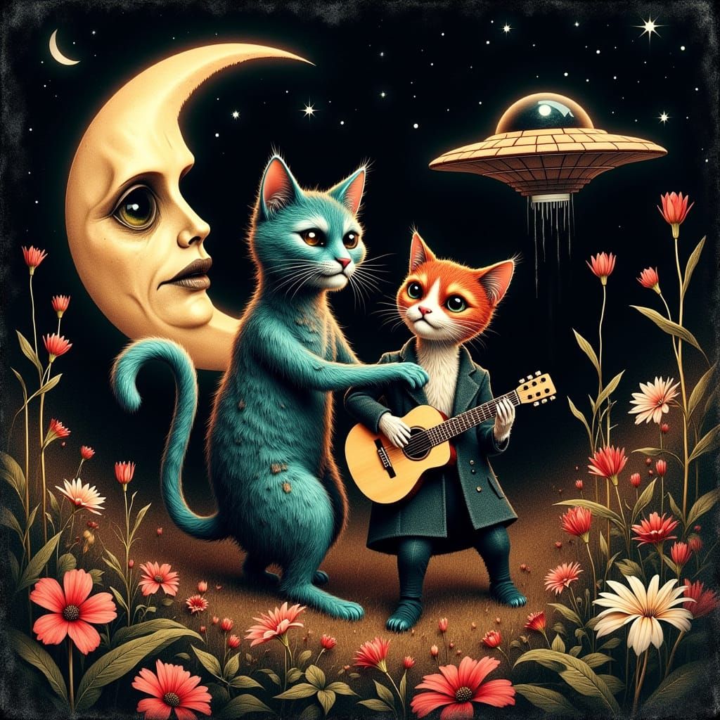 Ethereal Cats Enchant Night Under Crescent Moon