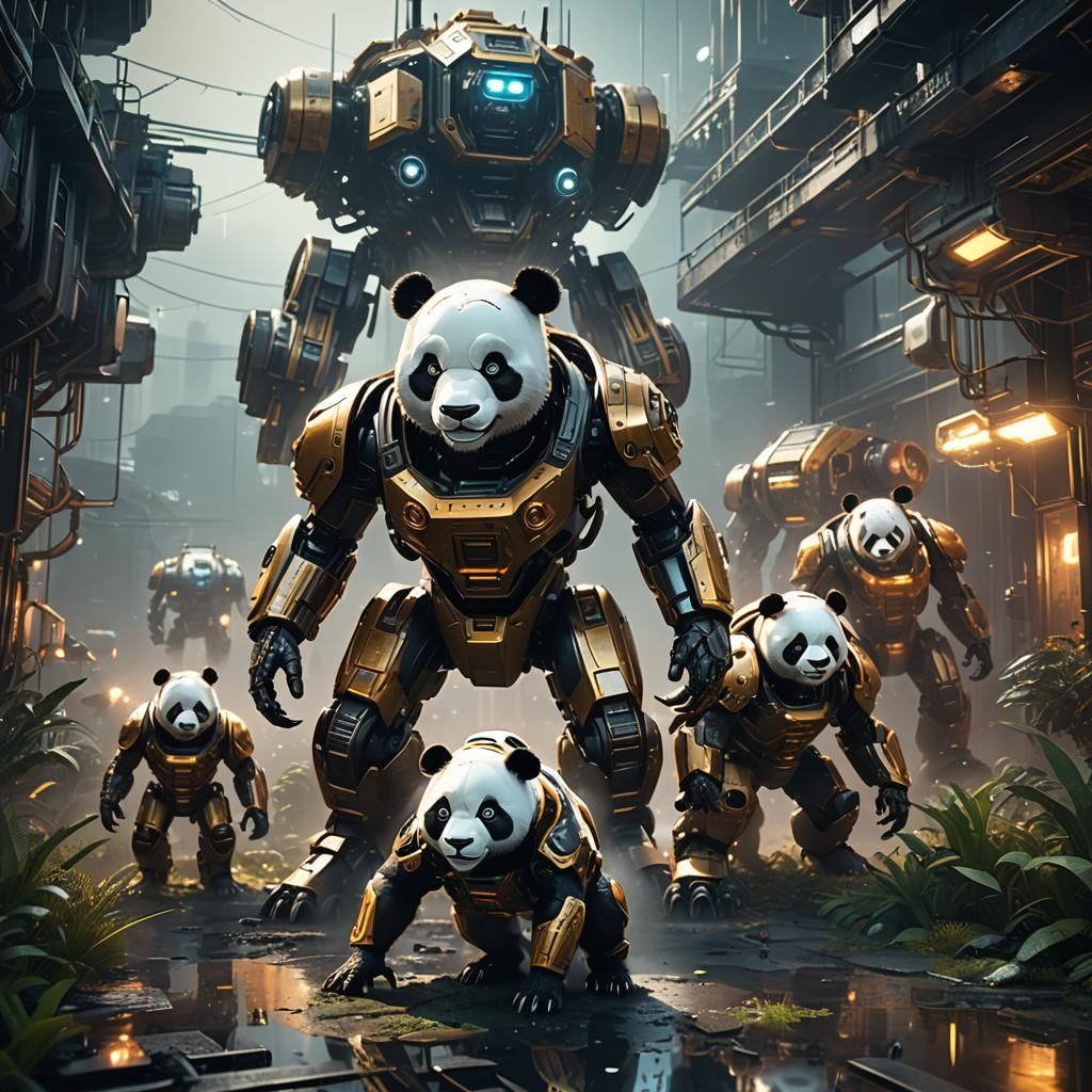 Pandas Huddled in Sci-Fi Mech Environment